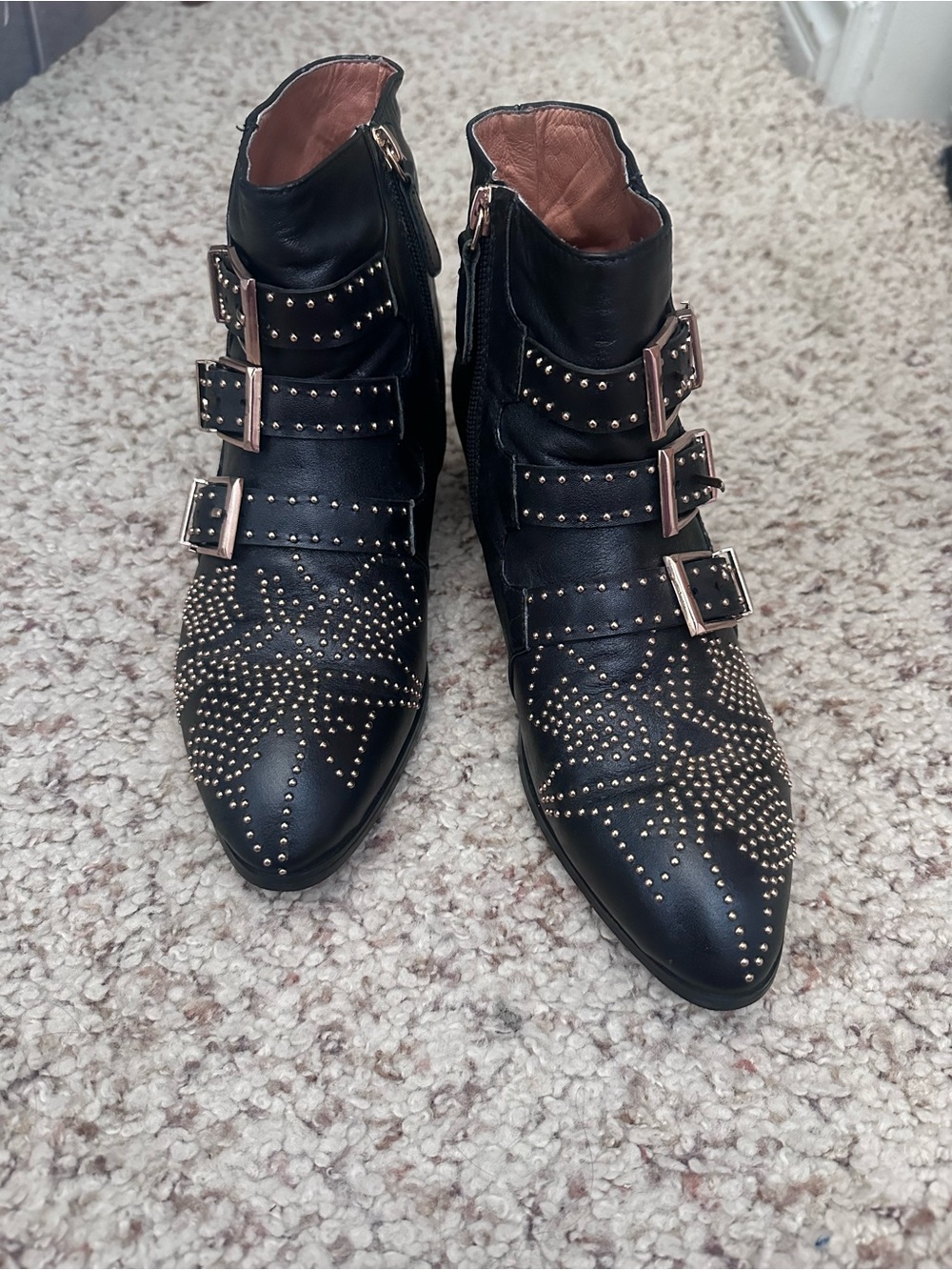 Black Studded Triple-Buckle Ankle Boots - Picture 2 of 8